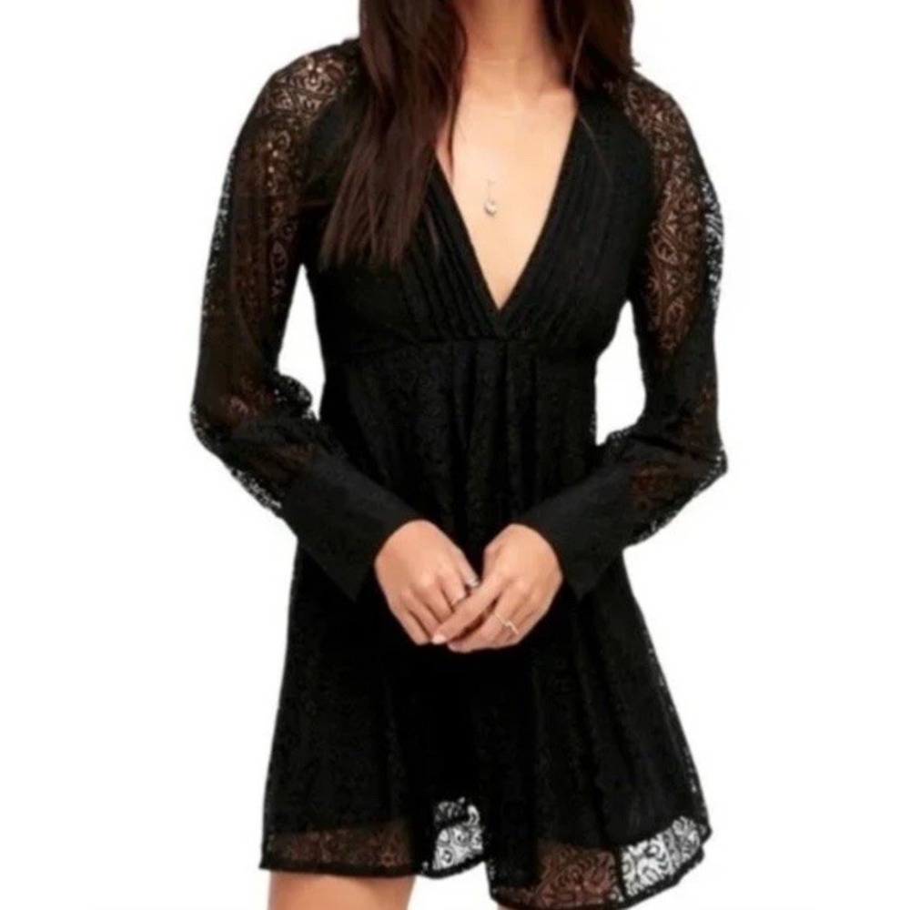 Free People Dress Womens 2 Black Lace Long Sleeve Flowy Boho Goth Witchcore Mini